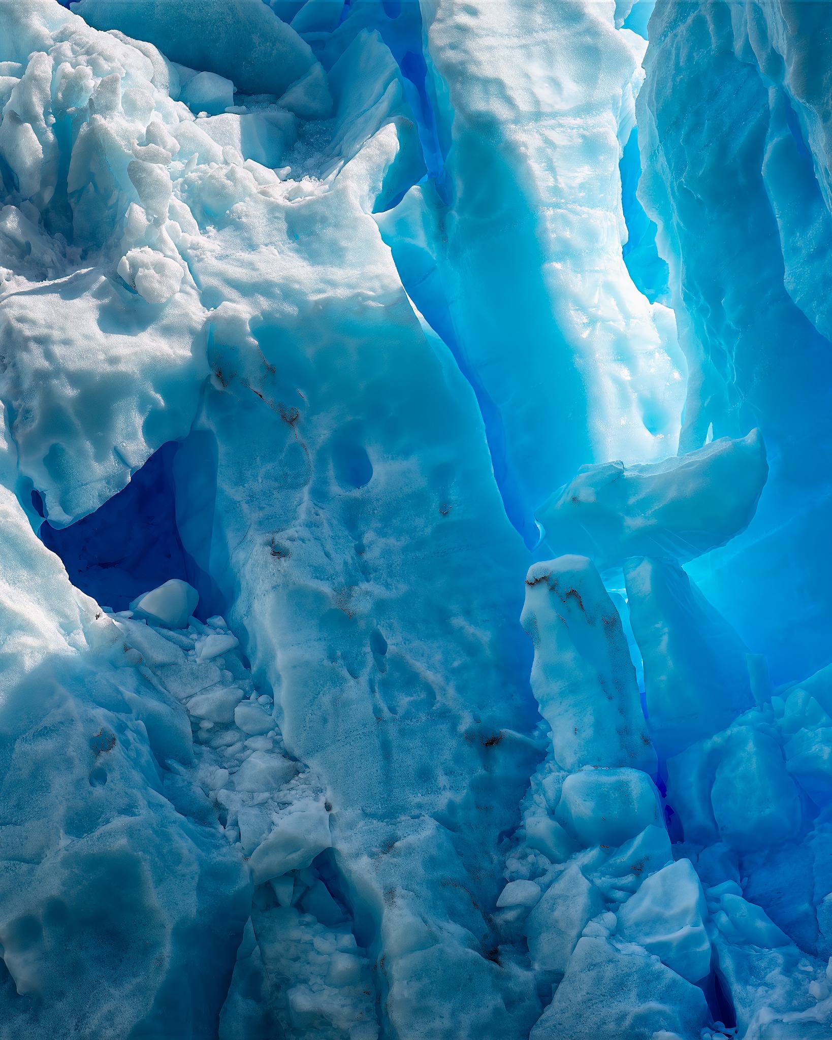 Columnas, cavidades y pasadizos azules en la pared del glaciar Grey
