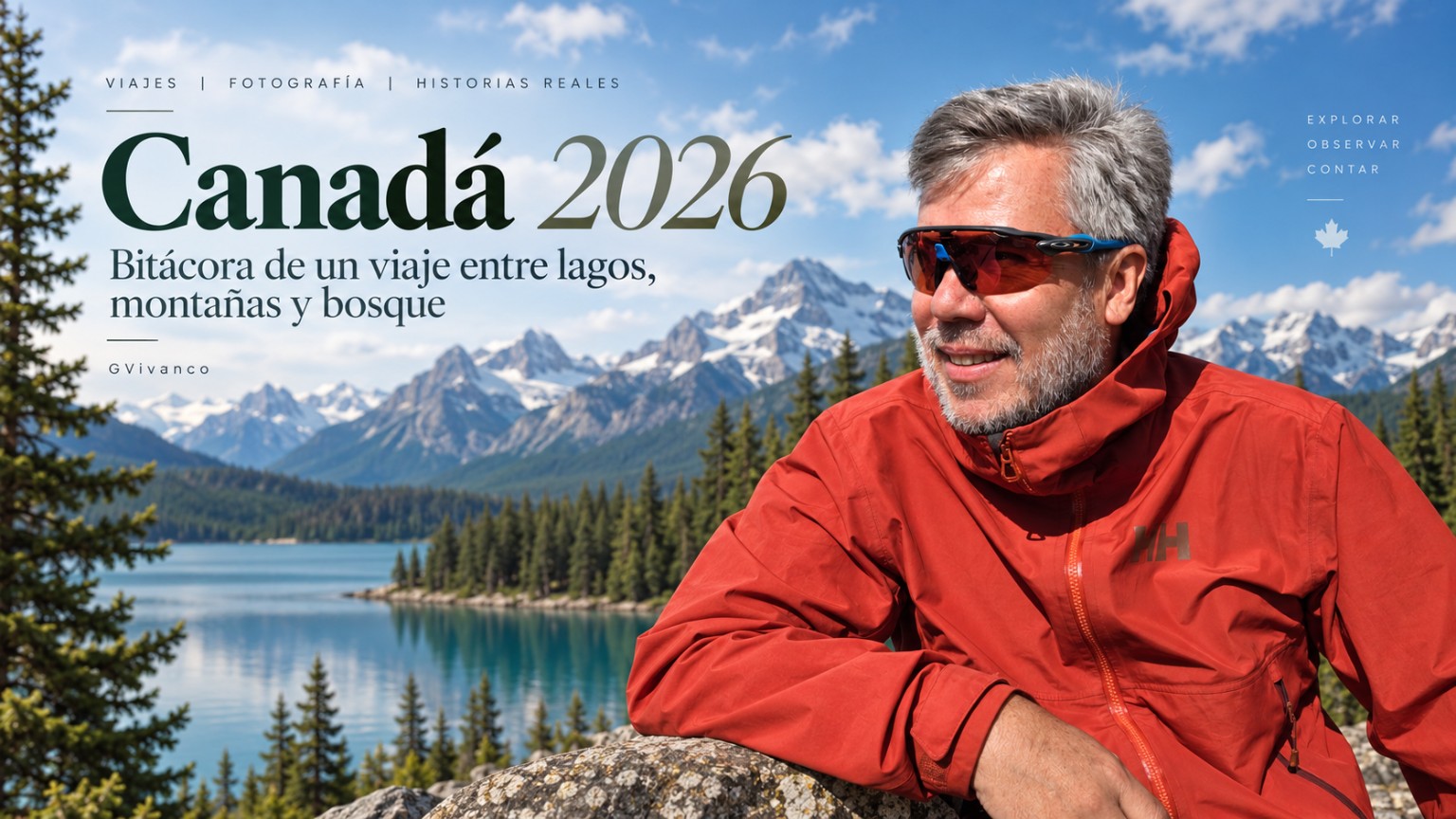 Carlos Guevara Vivanco frente a un lago y las montañas de Canadá