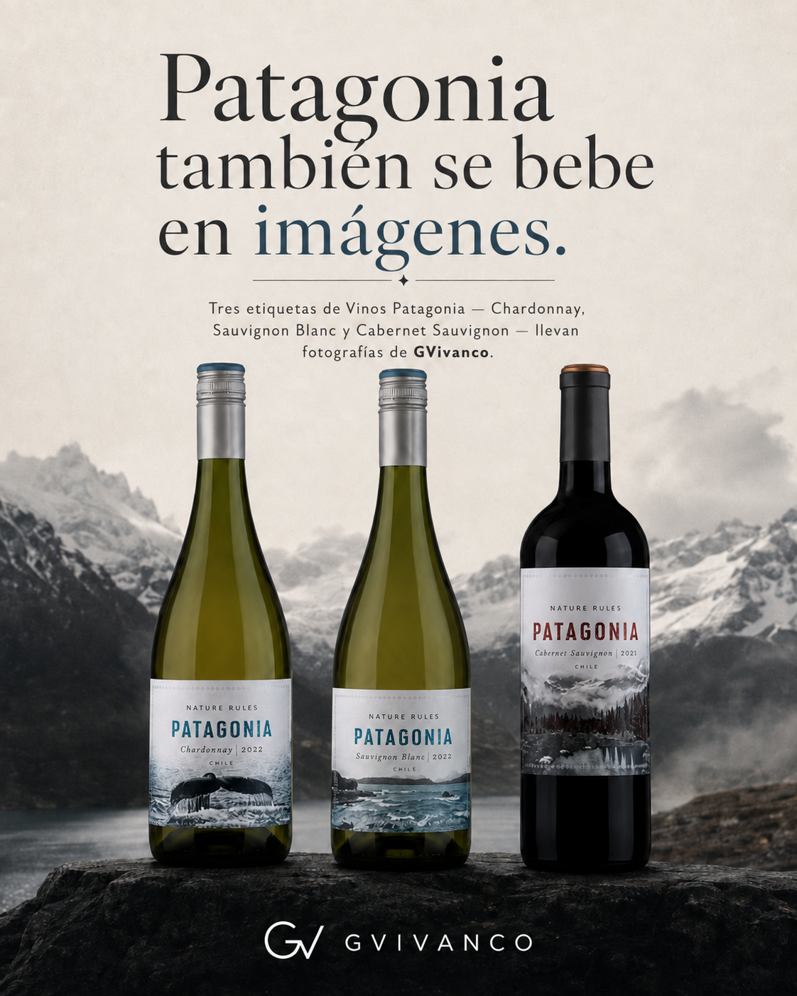 Tres etiquetas de Vinos Patagonia que incorporan fotografías de GVivanco
