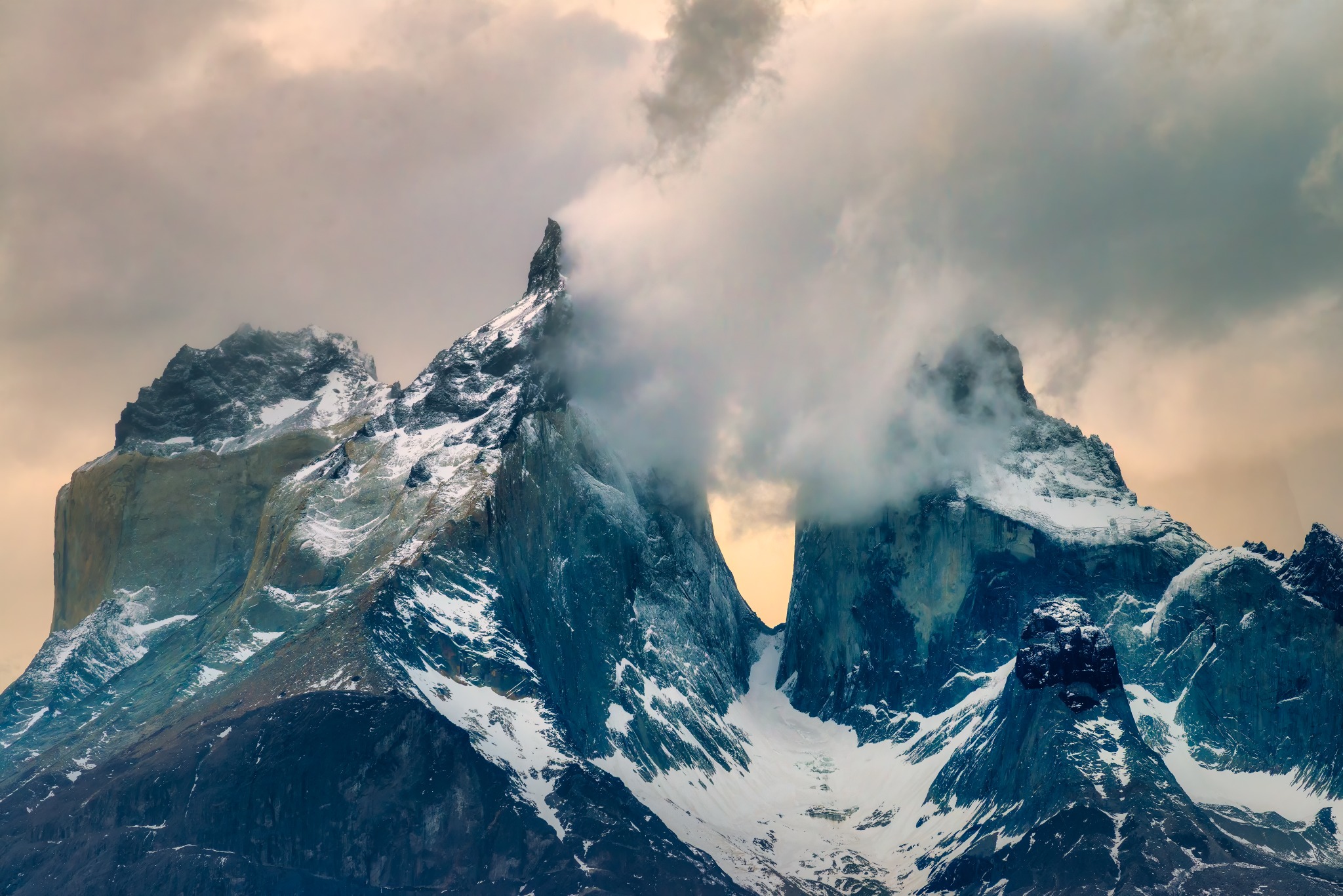 The Cuernos del Paine among clouds and mist