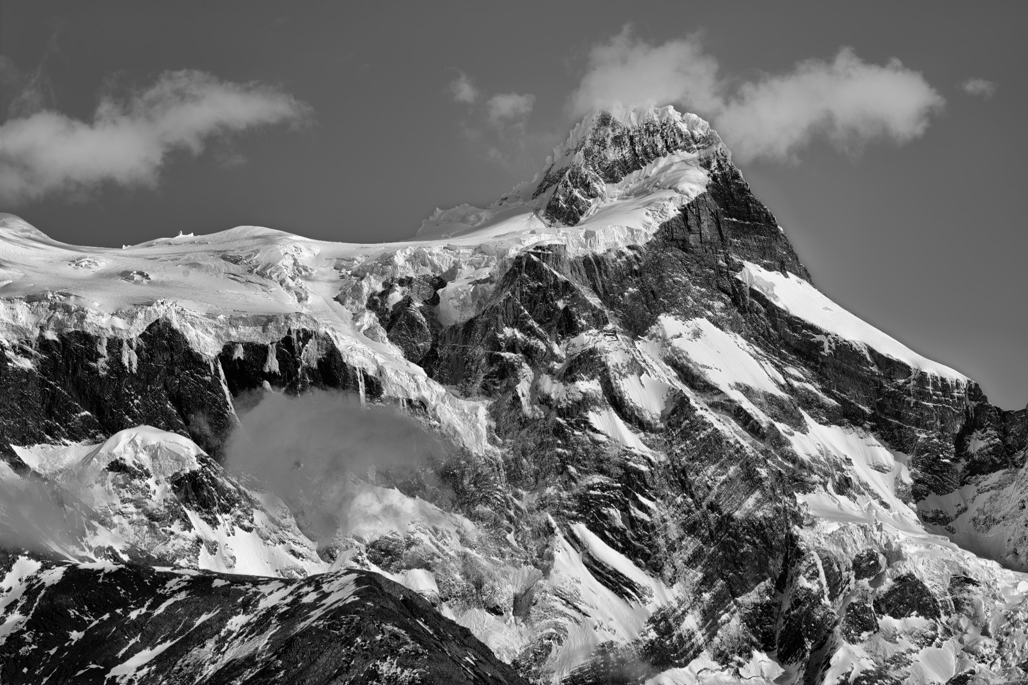 A mountain of rock and ice in Torres del Paine, in black and white